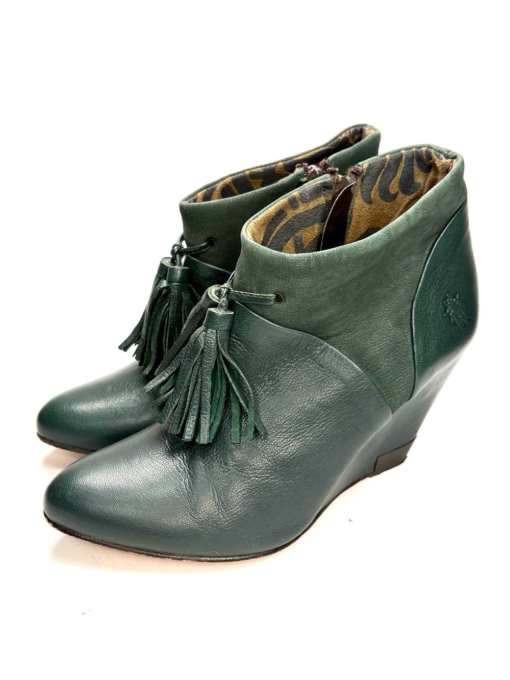 Fly London Teal Leather Tassel Wedge Ankle Boots | 37